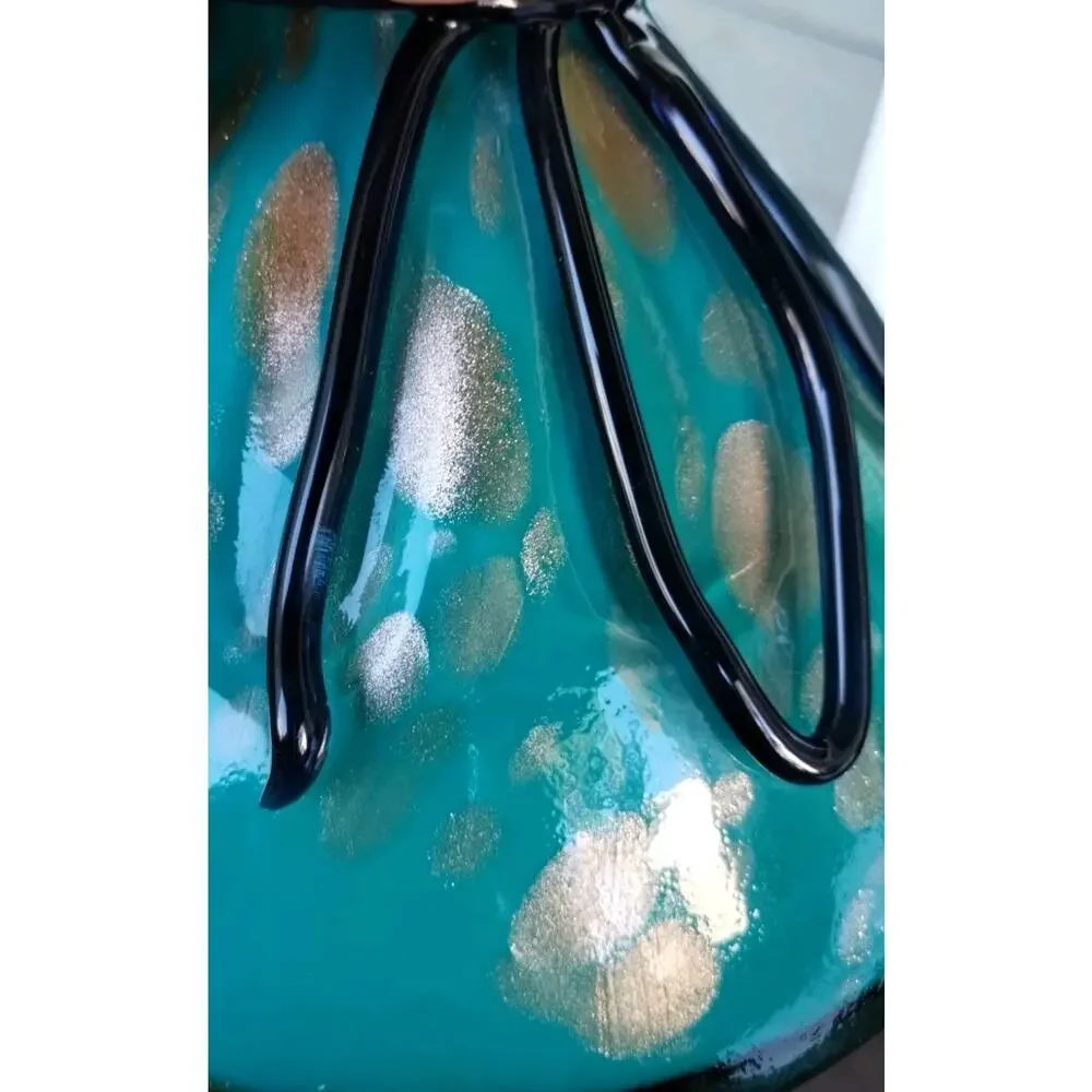 Vintage MCM Art Glass Blue-Green Gold Splashed Ruffled Lip Drawstring Purse Vase